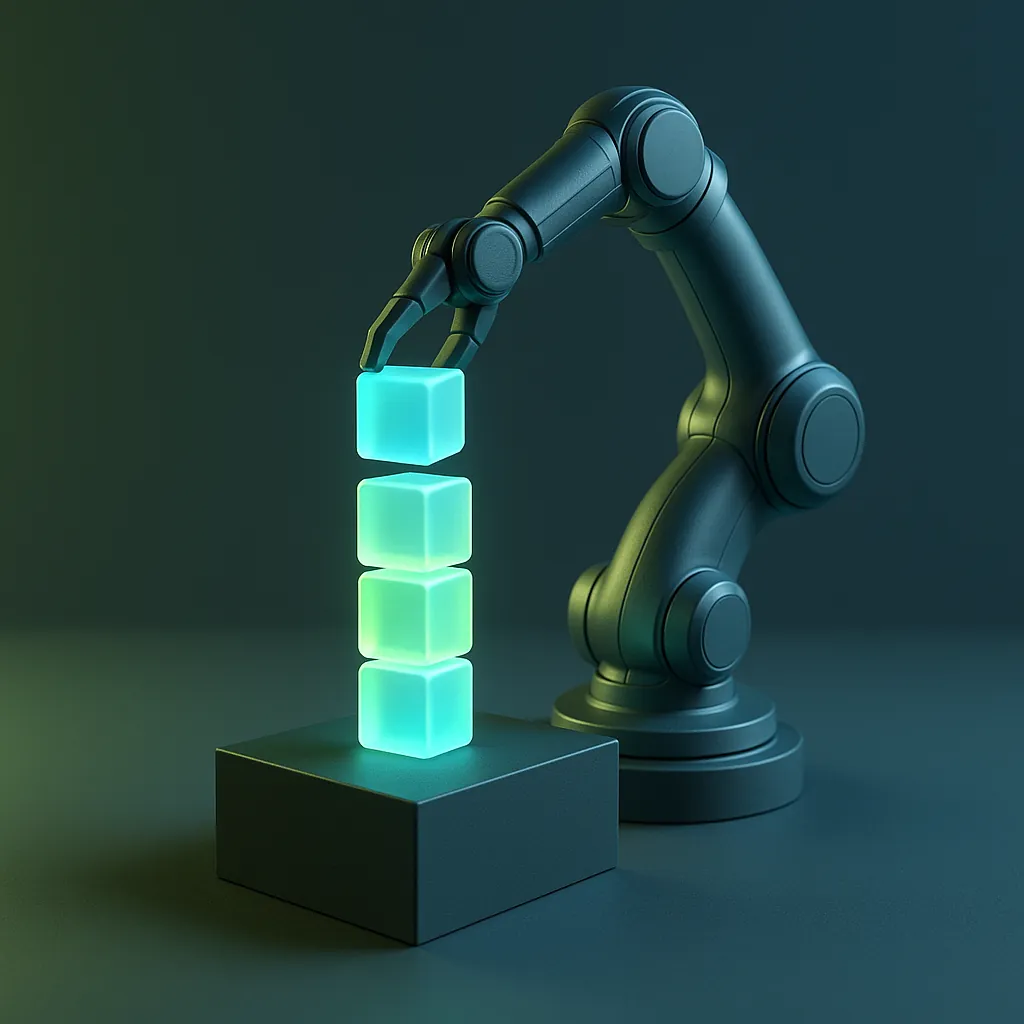 Robotic arm stacking glowing cubes