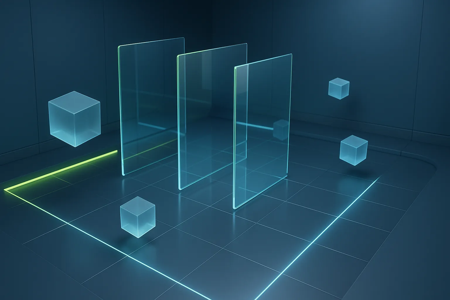 Minimal lab arena with glowing panels